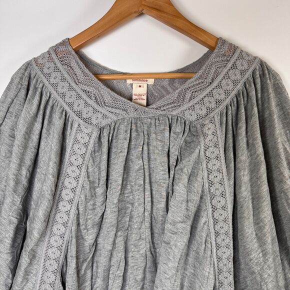 Sundance Crinkle Poncho Top Women Medium Gray Crochet Trim Oversized Boho Blouse - Picture 2 of 12